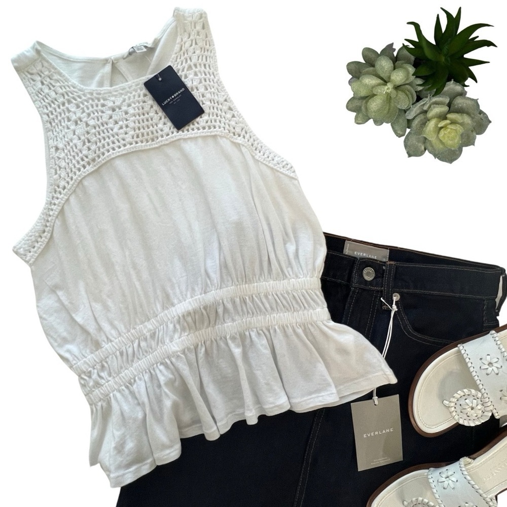 Lucky Brand Crochet Peplum Top Sleeveless Double Band Waist White XS 7WP6683 NWT - Picture 10 of 16
